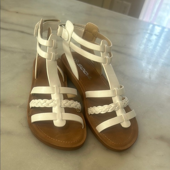 Soda White Gladiator Sandals with Brown Cushioned Footbed - Picture 1 of 7